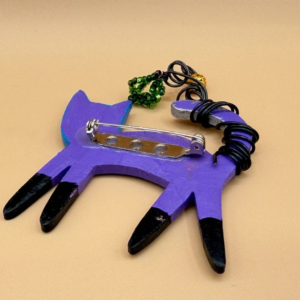 Whimsical Purple Blue Cat Brooch Pin Painted Wood Fish Wire Tail Folk Art Gift